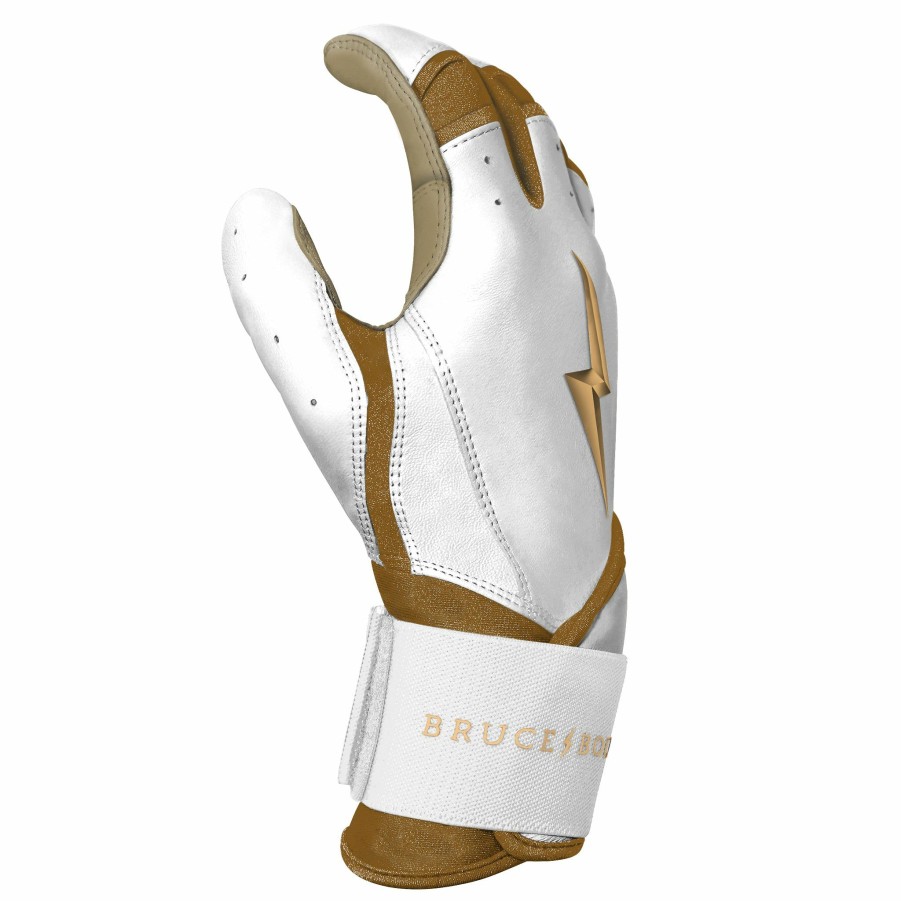 Batting Gloves * | Bruce Bolt Premium Pro Gold Series Long Cuff Batting Gloves Gold White