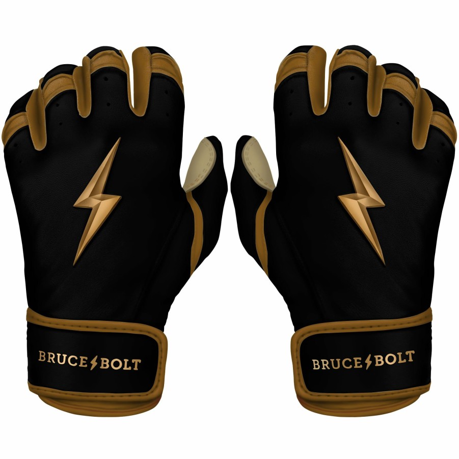 Batting Gloves * | Bruce Bolt Premium Pro Gold Series Short Cuff Batting Gloves Gold Black