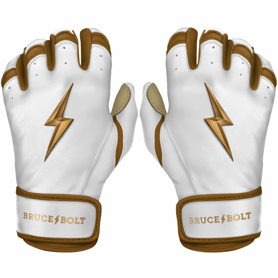 Batting Gloves * | Bruce Bolt Premium Pro Gold Series Short Cuff Batting Gloves Gold White