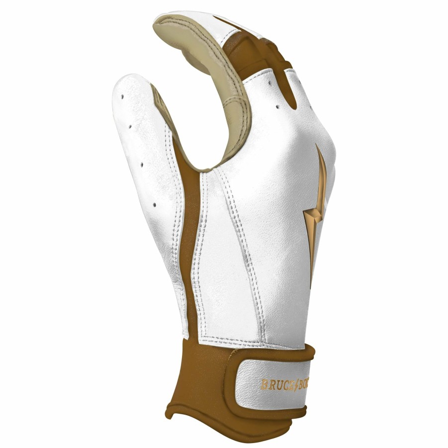 Batting Gloves * | Bruce Bolt Premium Pro Gold Series Short Cuff Batting Gloves Gold White